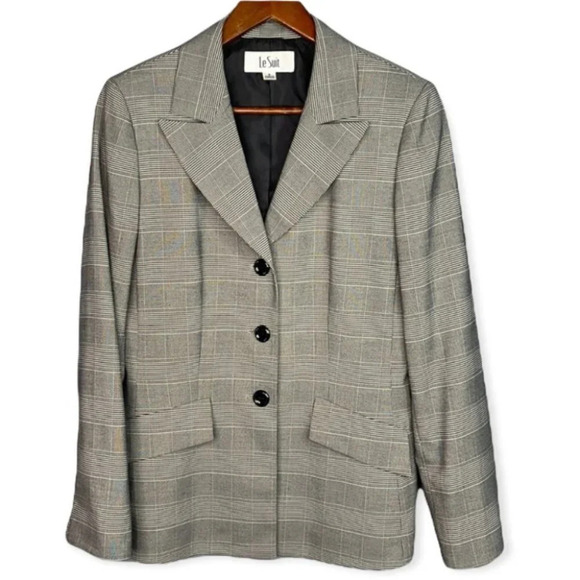 LE SUIT Houndstooth Blazer Black Plaid 3 Button Padded Shoulder Preppy Size 8 - Picture 2 of 10